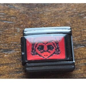 Black Stainless Steel Italian Charm Link Red Heart Face Graphic 9mm Bracelet